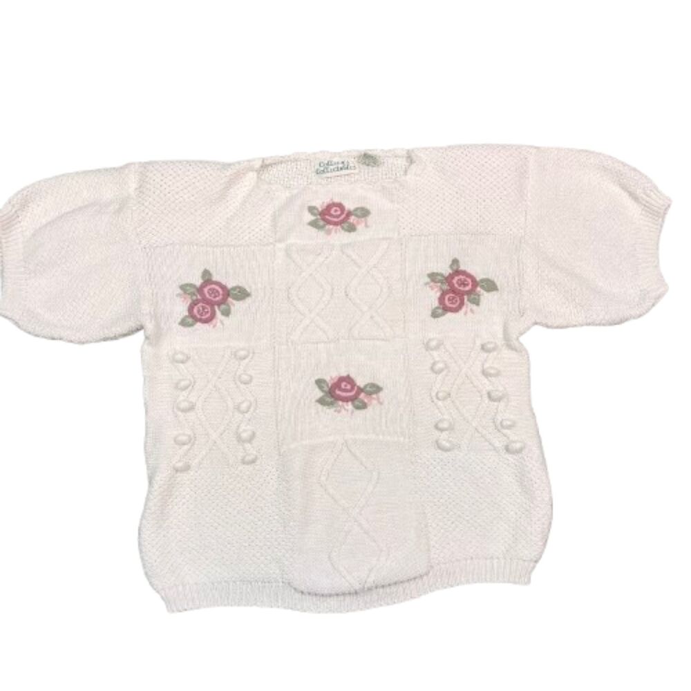 Vintage Colleen’s Collectables White Knit Floral Embroidered Sweater M